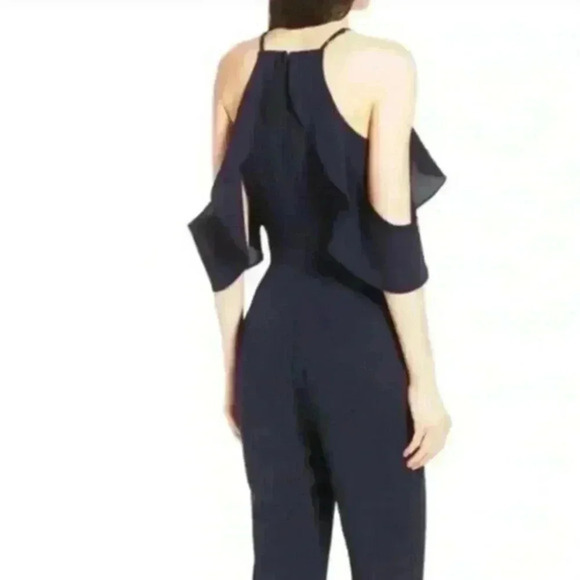 Adelyn rae‎ Cold shoulder navy Blue jumpsuit Size L Ruffle sleeve Front Keyhole - Picture 2 of 11